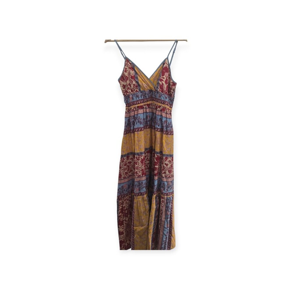 Japna Patchwork Boho V-Neck Crossover Empire Waist Tiered Maxi Small NWOT